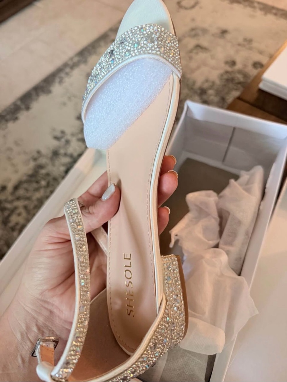 SHESOLE White Crystal-Embellished Open-Toe Slingback Mules
